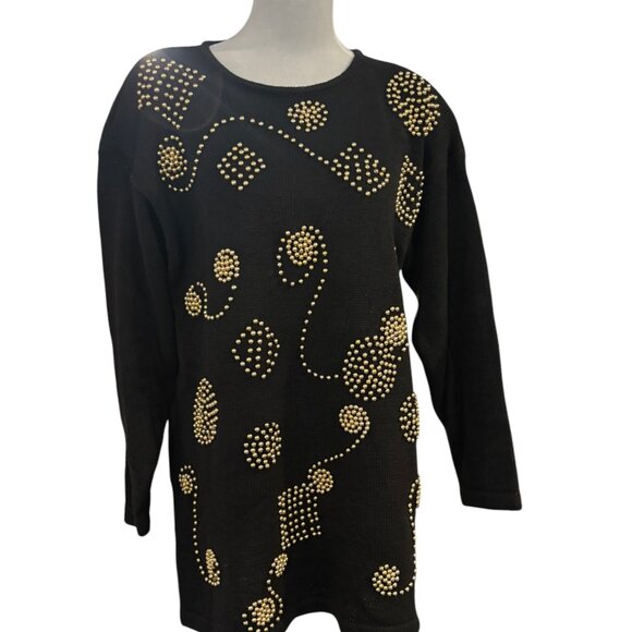 Sarah Morgan Vintage Black Knit Gold Beading Tunic Sweater Dress sz S - Picture 2 of 12